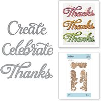 "Spellbinders 'Words' die set with script words: Create, Celebrate, Thanks in silver and multicolor samples."
