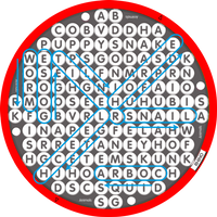 Round Wordsearch Multi-Player Game with red border, featuring a grid of letters and highlighted words in blue lines.