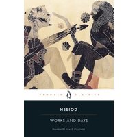 "Penguin Classics book 'Works and Days' by Hesiod, cover art with ancient Greek figures in black and beige tones"