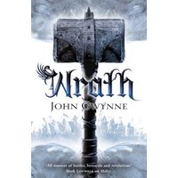 "Fantasy novel 'Wrath' by John Gwynne, cover features a large stone hammer with intricate designs against a stormy sky."
