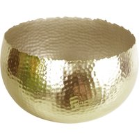Hammered gold-colored metal bowl, 32 x 20cm, with curvy edge and textured surface.