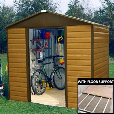 Brown metal shed with a sloped roof, featuring vertical paneling, double doors, and interior storage for bikes and tools, set on a grassy area.