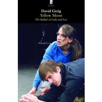 "Yellow Moon book cover with two people in dramatic pose, one in blue shirt, black background with white text"