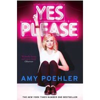 "Book cover 'Yes Please' with neon pink title, woman sitting with raised arm, and author name Amy Poehler in blue."