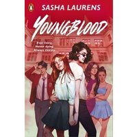 "Youngblood book cover with five illustrated characters in front of a mansion, red background, by Sasha Laurens"