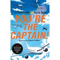 "You're the Captain! puzzle book with airplanes flying against a blue sky with clouds, featuring 100 geography puzzles."