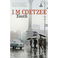 "Cover of J.M. Coetzee's 'Youth' with people walking under umbrellas in a rainy cityscape."
