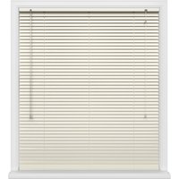 White Zephyr window blinds with horizontal slats and pull cords, framed by a white window casing.
