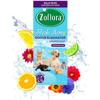 Zoflora Fresh Home disinfectant, 500ml, Mountain Air scent, with pets, citrus slices, and flowers on the label.