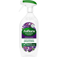 Zoflora Midnight Blooms disinfectant cleaner, 800 ml spray bottle with purple floral design and green label.