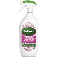 Zoflora Sweet Freesia and Jasmine bathroom cleaner spray, 800ml white bottle with green and pink label, green nozzle.