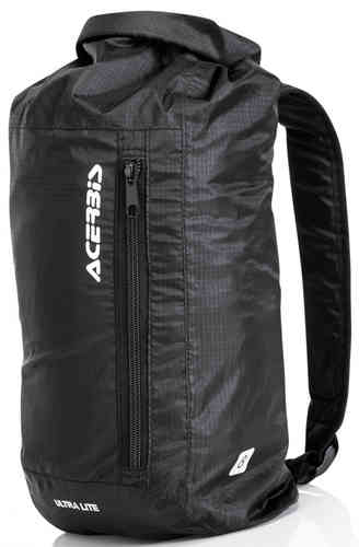 Black waterproof backpack by Acerbis, featuring a roll-top closure, adjustable straps, and a front zip pocket, designed for durability and practicality with an 8L capacity.