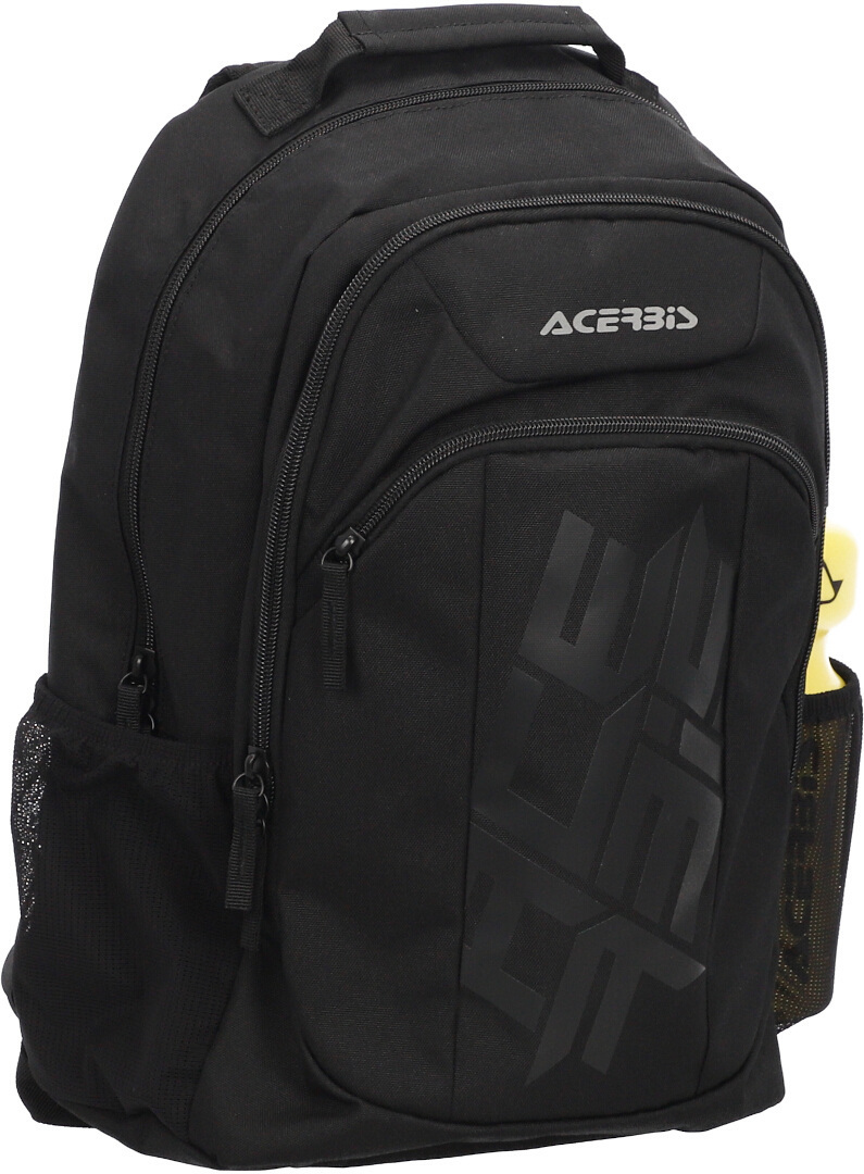Black Acerbis B-Logo Backpack with a 15L capacity, featuring a large logo on the front, multiple zippered compartments, and a side mesh pocket for water bottles.