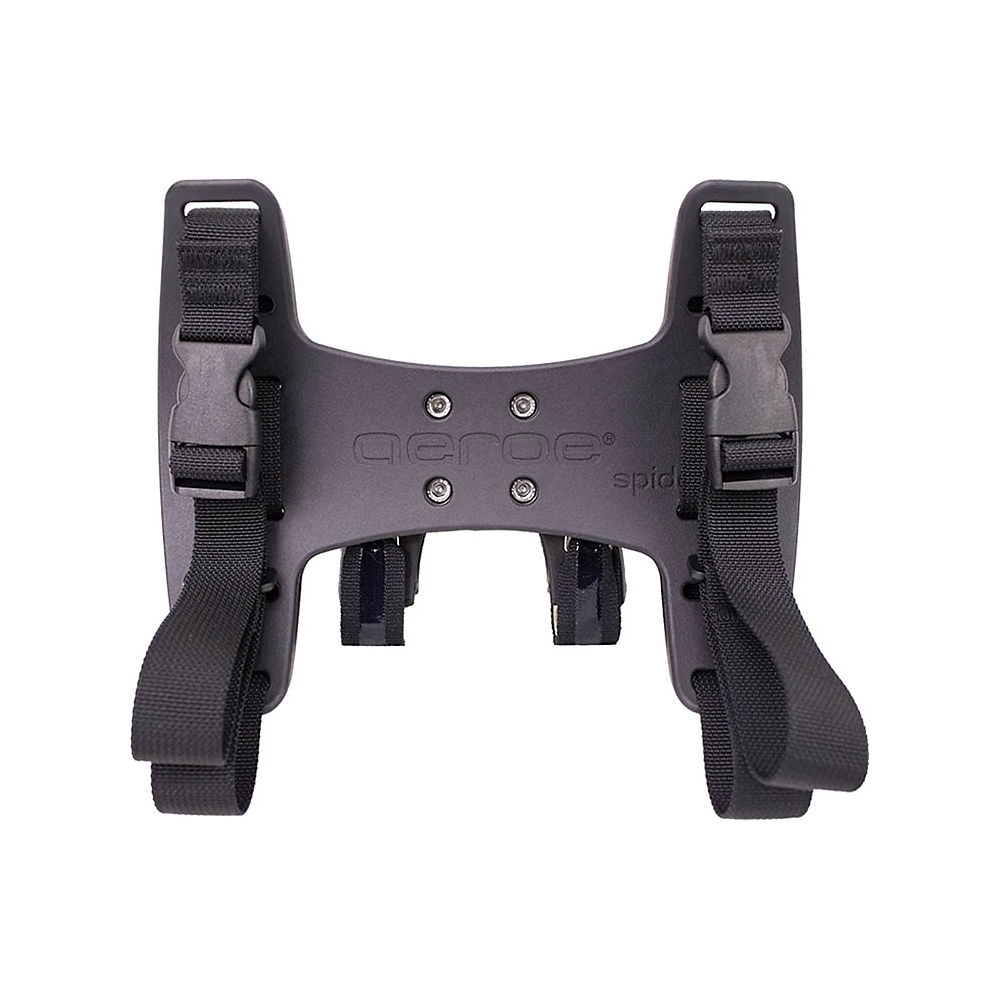 Black Aeroe Spider Cradle universal handlebar mount features adjustable straps and a sturdy plastic frame designed for secure attachment to various handlebars.