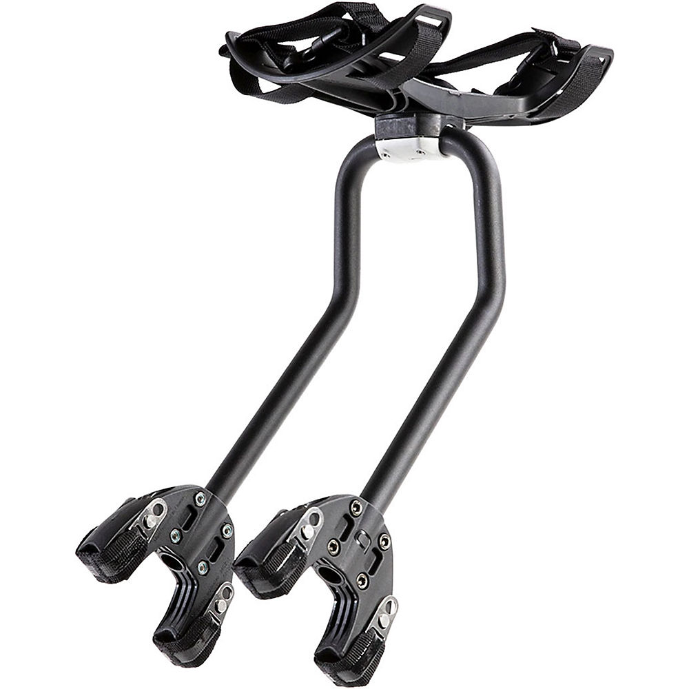 Black Aeroe Spider Rear Rack featuring adjustable straps, sturdy aluminum construction, and dual mounting points for secure attachment to bicycles.