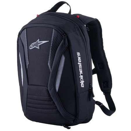 Black Alpinestars Charger Boost Motorcycle Backpack featuring a sleek design, padded back, adjustable straps, and reflective accents for visibility.