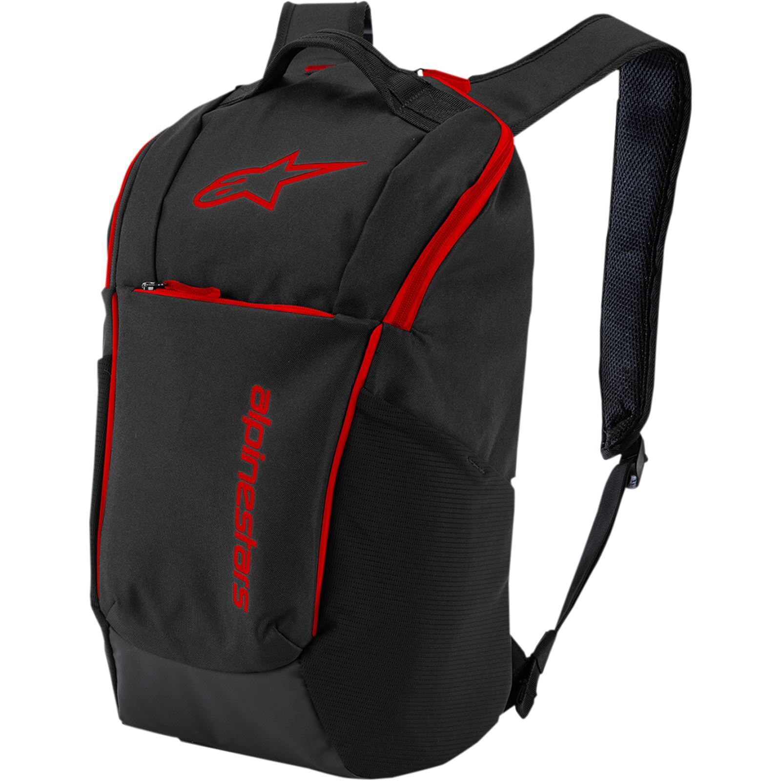 Black and red Alpinestars Defcon V2 backpack featuring a sleek design, padded shoulder straps, multiple compartments, and a prominent logo on the front.