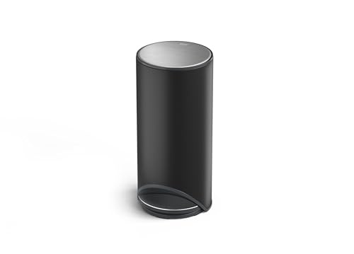 Sleek black 30-liter pedal trash can with a smooth metallic lid, featuring a slim design and a convenient liner pocket for easy bag replacement.