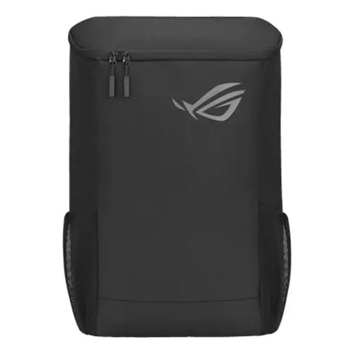 Black gaming backpack made of mesh polyester, featuring a sleek design, top zipper closure, and prominent ASUS ROG logo on the front.
