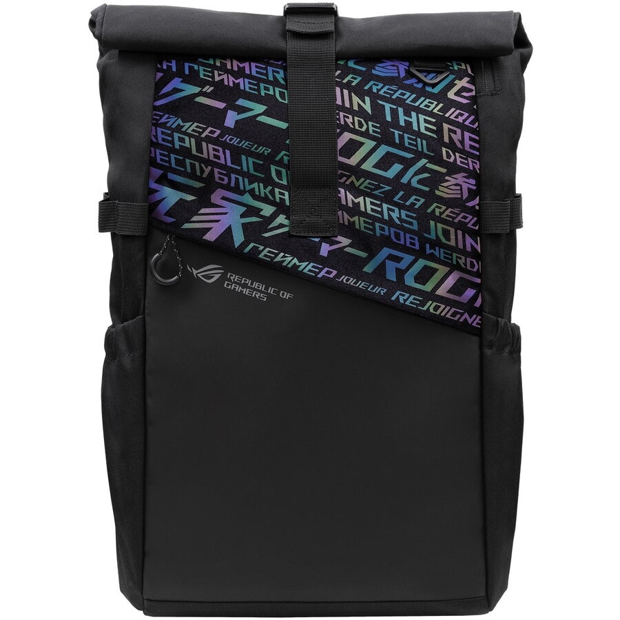 Black ASUS ROG BP4701 Gaming Backpack features a stylish top flap with multicolored text, adjustable straps, and a spacious compartment for laptops up to 17 inches.