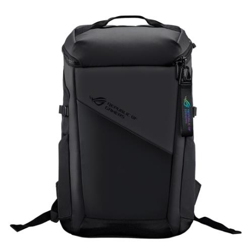 Black ASUS ROG Ranger BP2701 backpack features a sleek design, durable material, a spacious main compartment, and adjustable straps, ideal for carrying a 17" laptop.