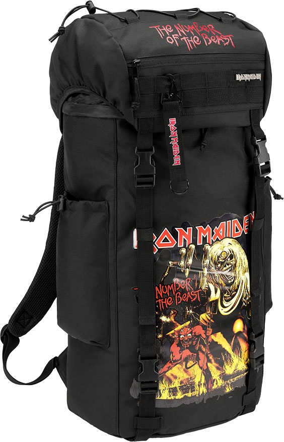 Black backpack featuring Iron Maiden's "The Number of the Beast" artwork, with adjustable straps, a roll-top closure, and durable material.