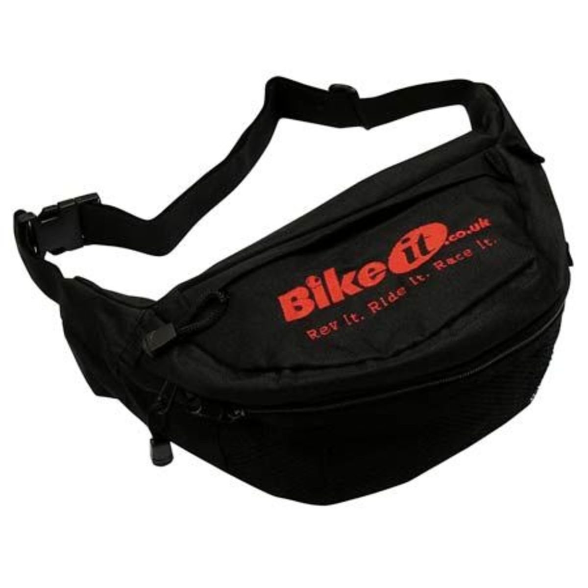 Black fabric bum bag with a red "Bike It" logo, featuring an adjustable strap and zippered compartments for secure storage.