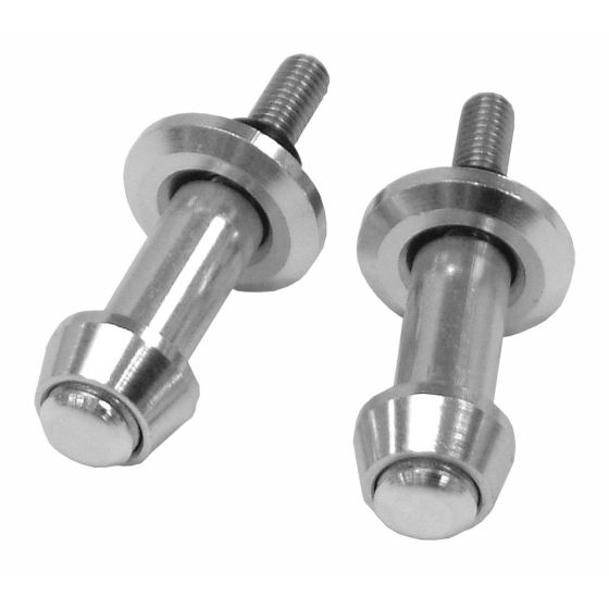 Silver metal luggage anchor kit featuring two sturdy bolts with a smooth finish, designed for securing cargo nets and bungee hooks on bikes.