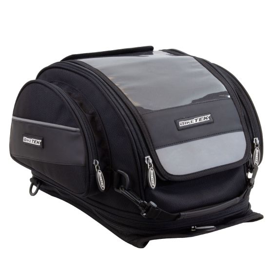 Black BikeTek tank bag featuring a removable rucksack, 30 liters capacity, with a clear top pocket, zippered compartments, and durable material for motorcycle use.