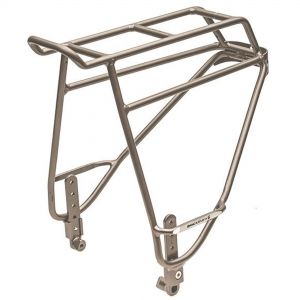 Blackburn Outpost Rear Pannier Rack V2 in silver metal, featuring a sturdy frame design with multiple mounting points and a lightweight construction for bike touring.