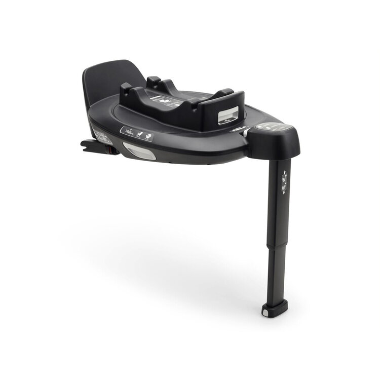 Black Bugaboo 360 Base by Nuna features a sturdy design, adjustable support leg, and clear installation indicators for secure car seat attachment.