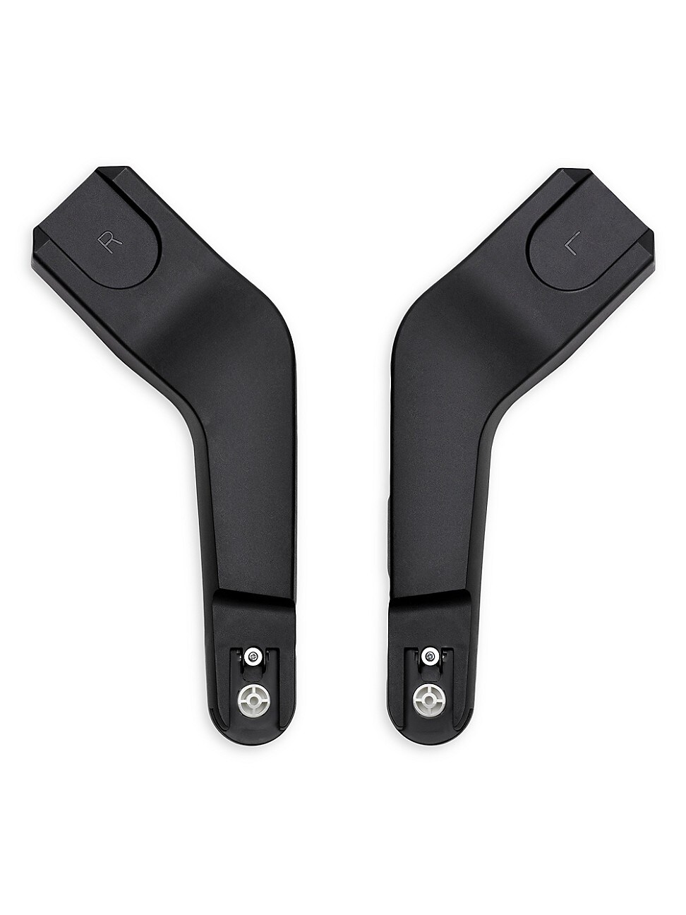 Black Bugaboo Butterfly Car Seat Adapter featuring a sleek, curved design with labeled left (L) and right (R) sides, made from durable plastic for secure car seat attachment.