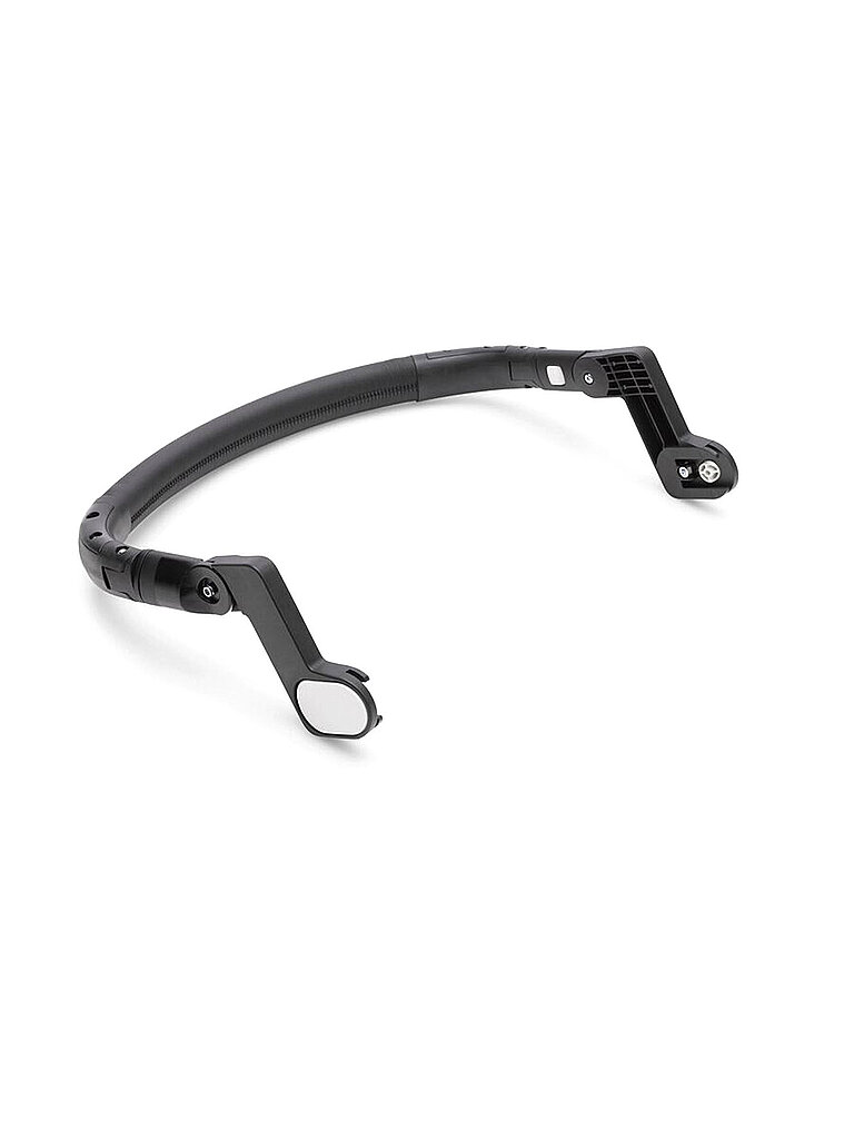 Black plastic bumper bar with a curved design, featuring two attachment points for secure fitting, designed for the Bugaboo Butterfly stroller.