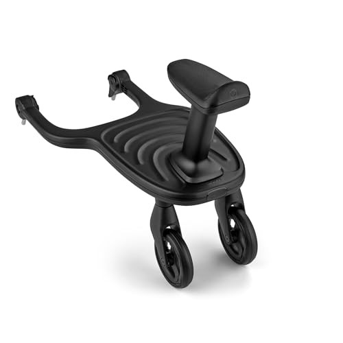 Black Bugaboo Wheeled Board with a textured surface, two smooth wheels, and a central handle for easy maneuvering, designed to attach to strollers for additional seating.