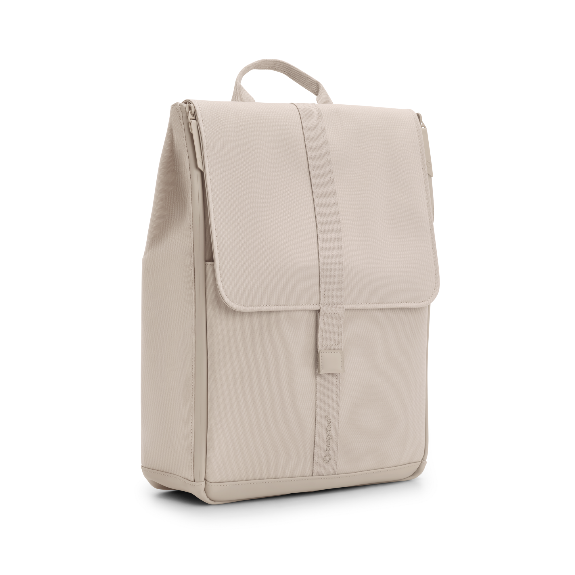 Light beige Bugaboo Changing Backpack made of durable material, featuring a sleek design, top handle, and a fold-over flap with a magnetic closure.