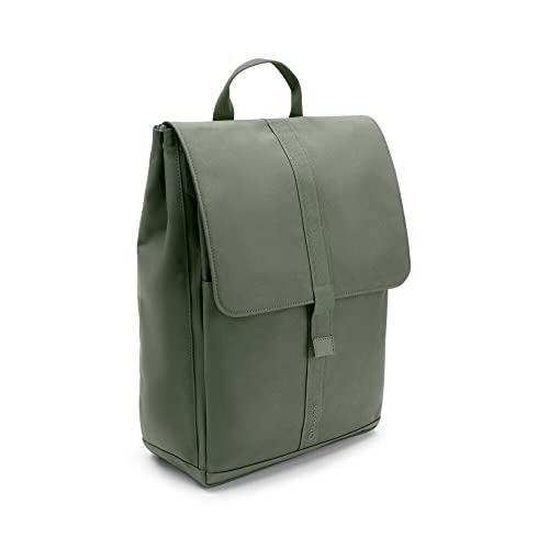 Green Bugaboo Changing Backpack made of durable fabric, featuring a sleek design, fold-over flap with a magnetic closure, and a top handle for easy carrying.