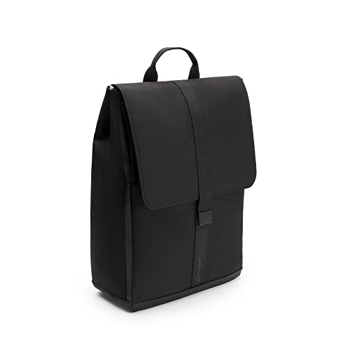 Black Bugaboo Changing Backpack made of durable material, featuring a sleek design, a flap closure, and a top handle for easy carrying.