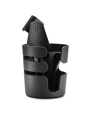 Black plastic Bugaboo Cup Holder featuring a sleek design with a secure grip and a wide opening, ideal for holding cups and bottles while on the go.