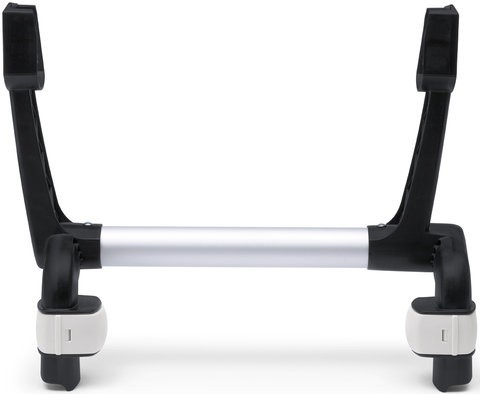Black and silver adapter designed for Bugaboo Donkey Mono & Duo strollers, featuring two attachment points for Maxi Cosi car seats and a sturdy, lightweight frame.