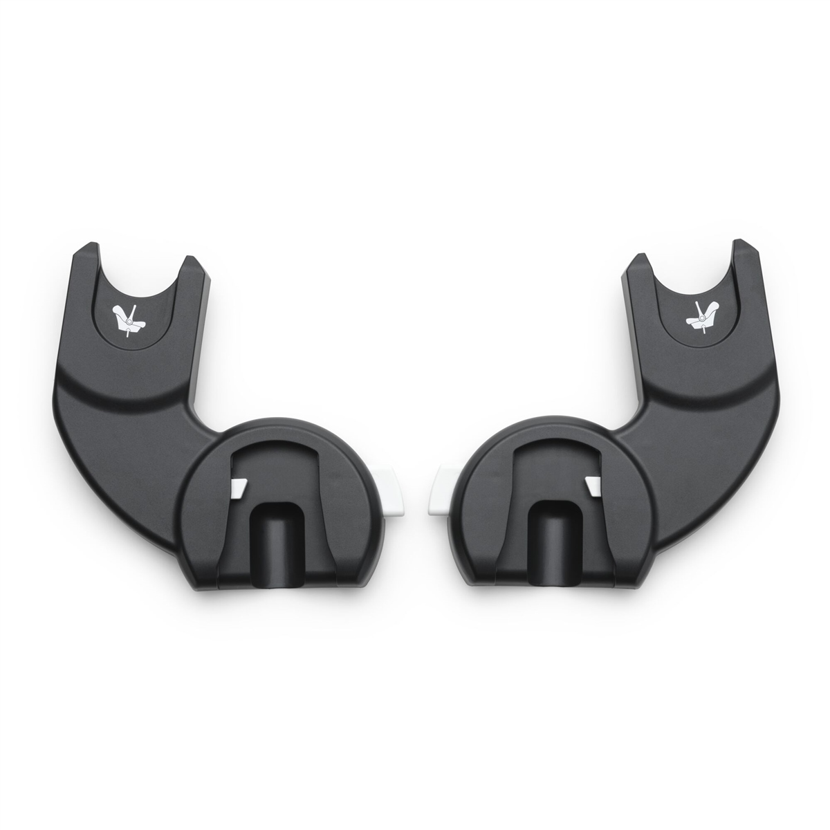Black plastic car seat adapters designed for Bugaboo strollers, featuring a sleek, curved shape with a logo emblem and white locking mechanisms.