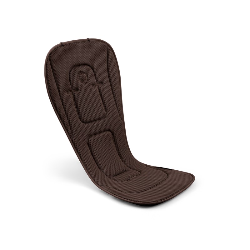 Brown, textured fabric seatliner designed for Bugaboo strollers, featuring a contoured shape for comfort and a central cutout for safety harness access.