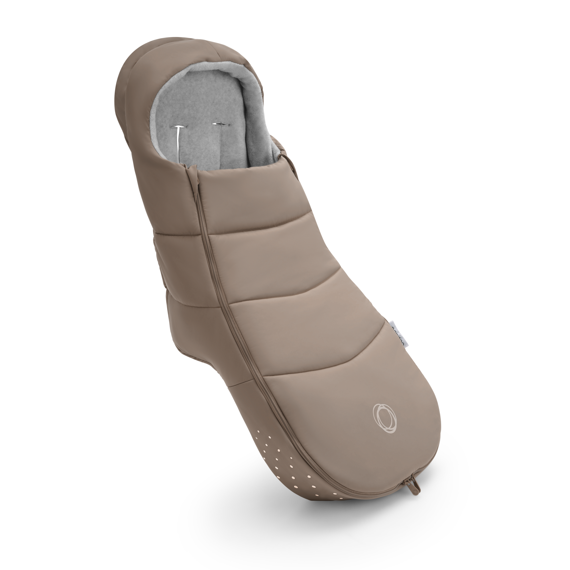 Light brown Bugaboo Footmuff with a quilted design, soft grey interior lining, and ventilation holes at the bottom for breathability.