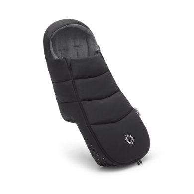Black Bugaboo Footmuff made of soft, padded material with a cozy interior, featuring a zip closure and logo detail, designed for warmth and comfort in strollers.