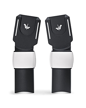 Black Bugaboo Fox adapters designed for Maxi-Cosi car seats, featuring a sleek design with a white securing strap and a logo emblem on the top.