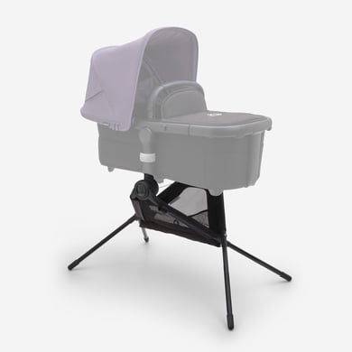 Black Bugaboo Fox bassinet stand with adapters, featuring a sturdy frame, adjustable height, and a sleek design, designed to securely hold the bassinet for convenience.