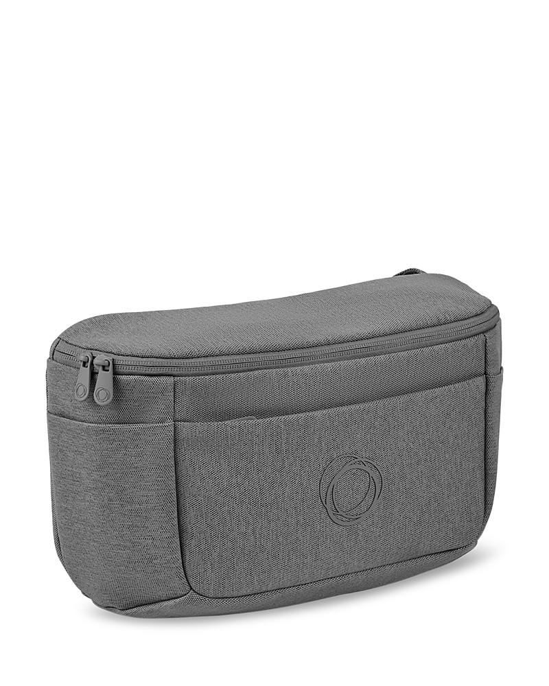 Gray fabric stroller organizer with a zippered top, featuring a front pocket and Bugaboo logo, designed for easy attachment to strollers.
