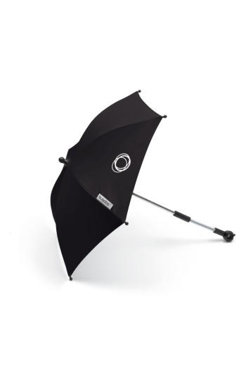 Black Bugaboo parasol with a sleek, curved design, featuring a silver adjustable arm and a circular logo, ideal for providing shade for strollers.