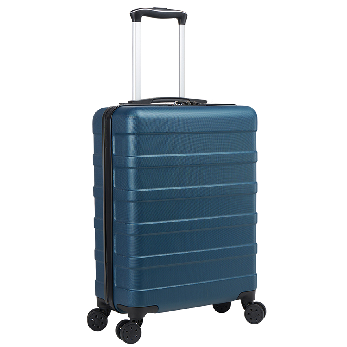 Dark blue Cabin Max Anode 40L cabin suitcase with a textured hard shell, integrated combination lock, and four spinner wheels, measuring 55x40x20cm.