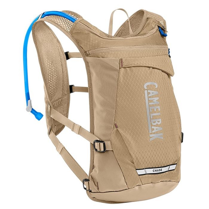 Camelbak Chase Adventure 8 Hydration Vest in Moondust color features a lightweight, breathable design, adjustable straps, and a blue Crux 2L reservoir for easy hydration on the go.