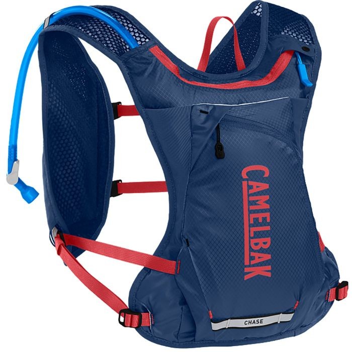 Deep sea blue Camelbak Chase Race 4 Vest featuring a breathable mesh design, red accents, adjustable straps, and a 1.5L reservoir tube for hydration on the go.